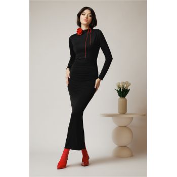 Rochie lunga eleganta din lycra neagra cu fronseuri