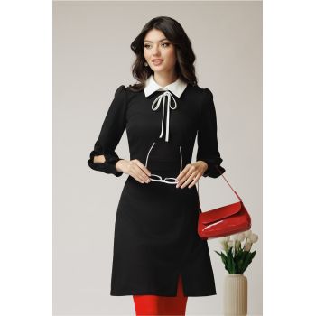 Rochie Moze office din stofa neagra cu guler alb