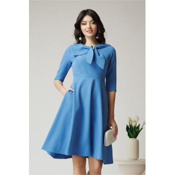 Rochie office bleu cu funda si perle pe bust