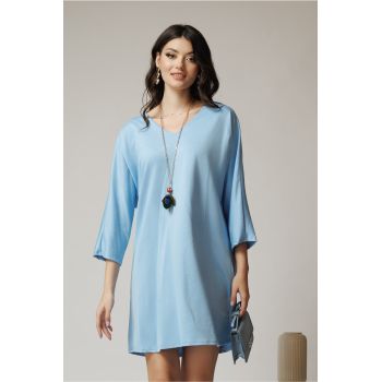 Rochie smart-casual din viscoza bleu cu funda din satin la spate