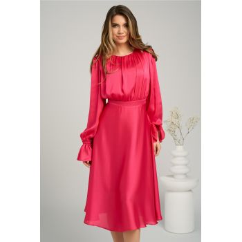 Rochie DY Fashion eleganta din satin fucsia cu pliuri la bust si croi clos