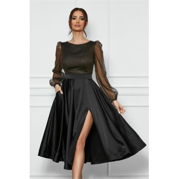 Rochie eleganta din satin neagra cu glitter la bust