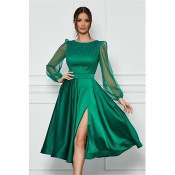 Rochie eleganta din satin verde cu glitter la bust