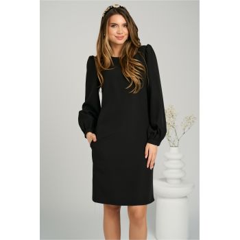 Rochie eleganta din stofa neagra cu funda la spate