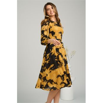 Rochie Ella Collection Dasha de zi din voal galbena cu imprimeuri negre