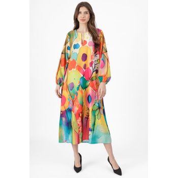 Rochie lunga A-line cu imprimeu floral multicolor cu maneca lunga cu elastic