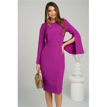 Rochie Moze eleganta din stofa violet cu maneci evazate si nasturi la bust