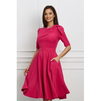 Rochie office din stofa fucsia cu funda pe umar