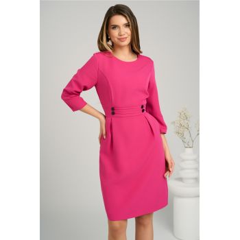 Rochie office din stofa fucsia cu nasturi in talie