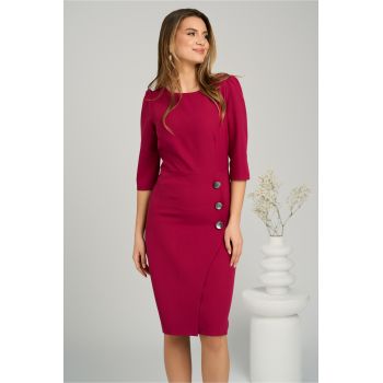 Rochie office din stofa fucsia cu nasturi pe fusta