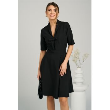 Rochie office din stofa neagra cu funda la bust