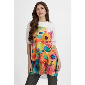 Rochie pentru colanti alba din bumbac cu panou floral din matase