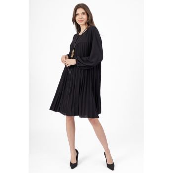 Rochie plisata midi, A-line cu maneca lunga cu elastic, neagra