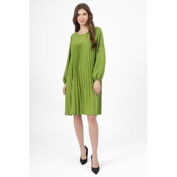 Rochie plisata midi,  A-line cu maneca lunga cu elastic, verde deschis