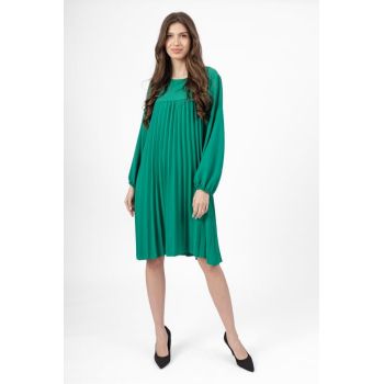 Rochie plisata midi,  A-line cu maneca lunga cu elastic, verde