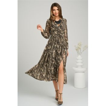 Rochie vaporoasa din voal cu animal print bej