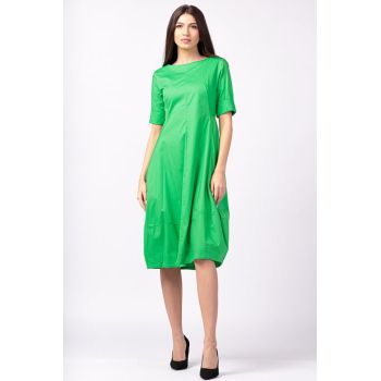 Rochie verde, lalea, cambrata, cu fermoar, din poplin de bumbac