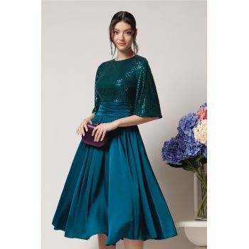 Rochie DY Fashion eleganta din satin verde cu paiete la bust