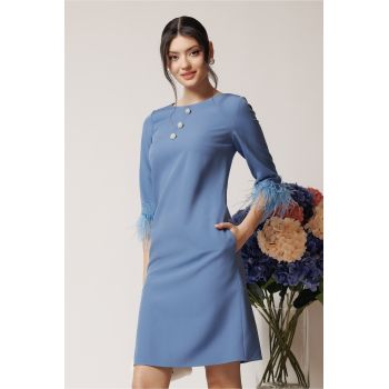 Rochie DY Fashion eleganta din stofa bleu cu nasturi la bust si pene la maneci