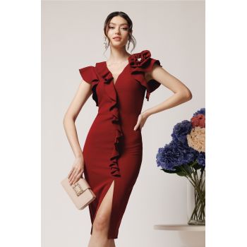 Rochie Ella Collection Helen eleganta din stofa bordo cu volan si brosa