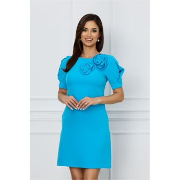 Rochie office din stofa bleu cu flori maxi pe bust