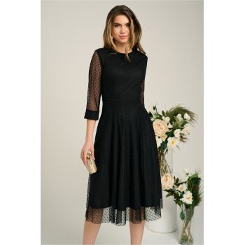 Rochie DY Fashion eleganta din tull cu buline catifelate neagra