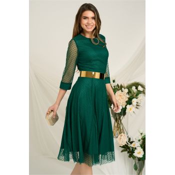 Rochie DY Fashion eleganta din tull cu buline catifelate verde