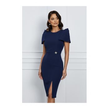 Rochie eleganta din stofa bleumarin cu umeri bufanti