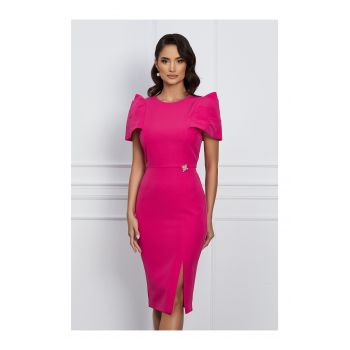 Rochie eleganta din stofa fucsia cu umeri bufanti