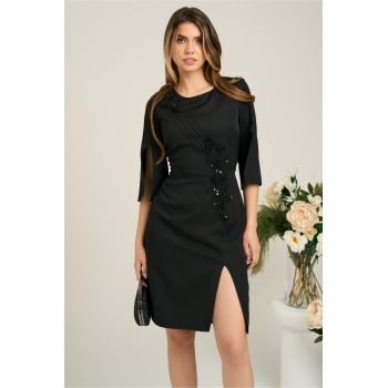 Rochie Ella Collection Aja eleganta din stofa neagra cu broderie si paiete