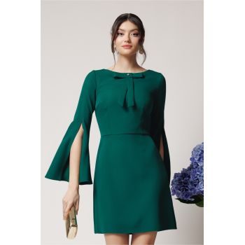 Rochie Moze eleganta din stofa verde cu funda la bust