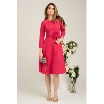 Rochie Moze office din stofa fucsia cu floare maxi in talie