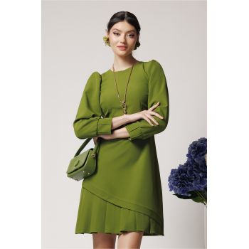 Rochie Moze office din stofa verde olive cu pliuri la baza