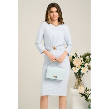 Rochie office din viscoza bleu cu pliuri pe bust si cordon in talie