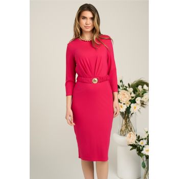 Rochie office din viscoza fucsia cu pliuri pe bust si cordon in talie