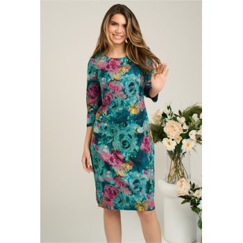 Rochie office din viscoza verde cu trandafir roz