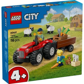 Set LEGO City - Tractor de ferma rosu cu remorca si oi (60461)