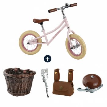 Bicicleta de echilibru retro roz cu cos, buzunar si claxon vintage, Hudora