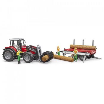 Bruder - Tractor Massey Ferguson 7480 Cu Incarcator Frontal Si Remorca Pentru Lemne