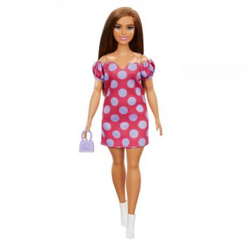 Papusa Barbie Fashionista Satena Cu Rochie Roz Cu Buline