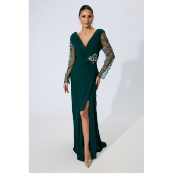 Rochie de ocazie premium cu croi petrecut si maneci din tull cu strass-uri Eleftheria Verde