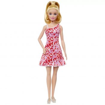 Barbie Papusa Barbie Fashionista Blonda Cu Parul Prins In Coada Si Rochie Cu Floricele