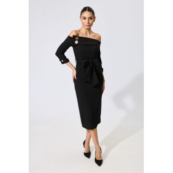 Rochie de ocazie din crepe cu butoni aurii si umerii goi Gizel Neagra