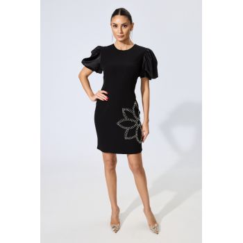 Rochie de ocazie din crepe cu maneci bufante si strass-uri Irvina Neagra