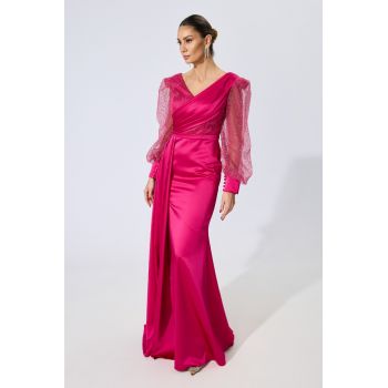 Rochie de ocazie din satin cu crepeu pe picior Odda Fucsia