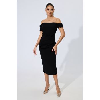 Rochie de ocazie midi cu pliuri si maneci lasate Nova Neagra