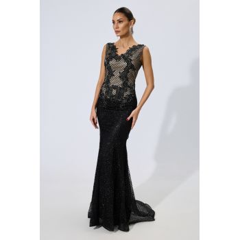 Rochie de ocazie premium din tull cu glitter si strass-uri Romantic Neagra