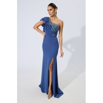 Rochie de ocazie tip one shoulder cu crepeu pe un picior Million Indigo