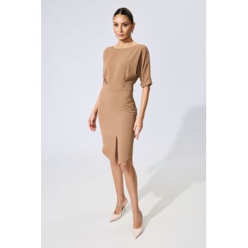 Rochie eleganta din crepe usor asimetrica cu maneci trei sferturi Briany Maro