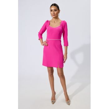 Rochie Moze eleganta cu perle si crepeu pe picior Janice Fucsia